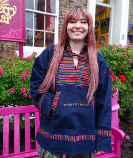 Ink Blue Tibetan trim pure felted wool hooded smock top