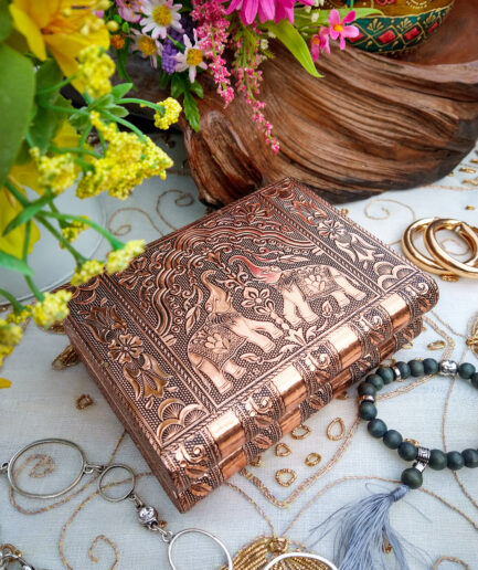 Book-style elephant design rose gold embossed jewellery box