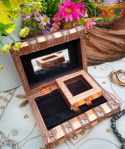 Copper metallic Indian elephant book-edged jewellery box with fold-out ring tray