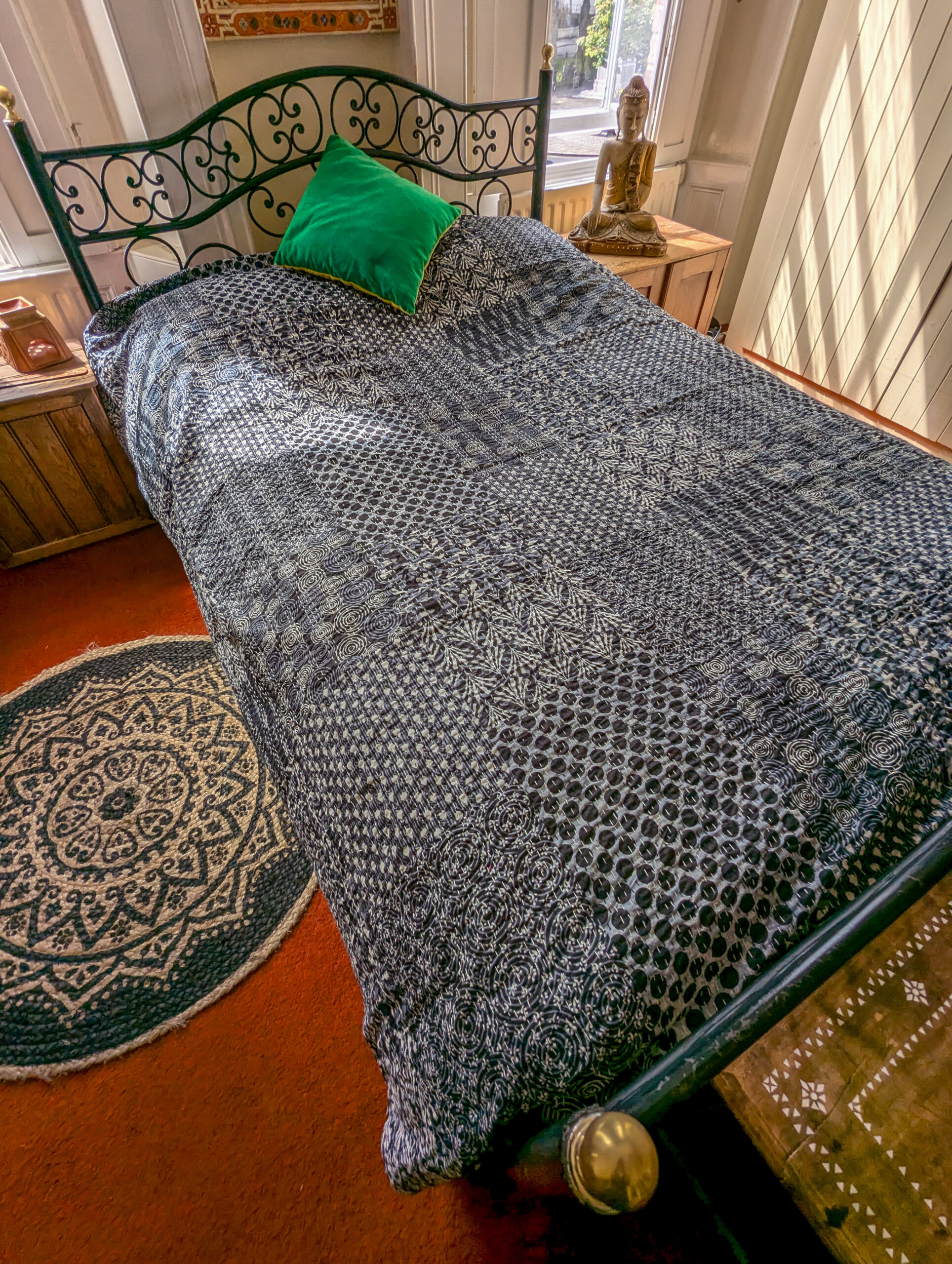 Charcoal abstract print cotton kantha stitch bedspread Charcoal abstract print cotton kantha stitch bedspread