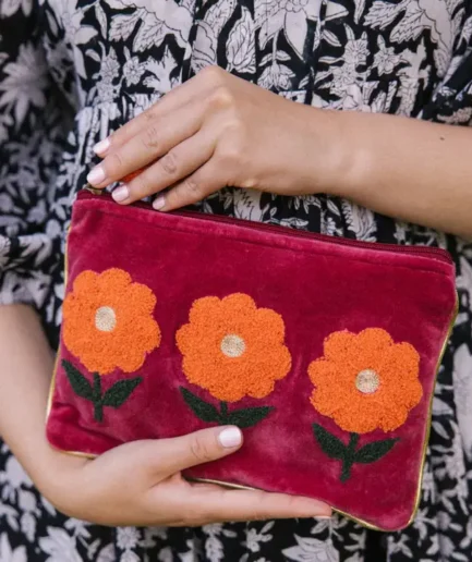 Burgundy orange flower velvet pouch