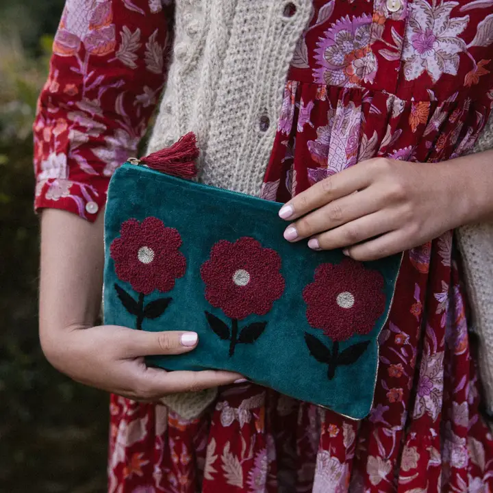 Teal burgundy flower velvet pouch
