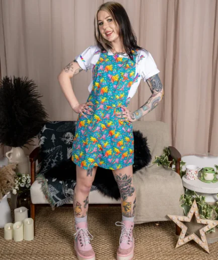Rainbow Dinosaurs Run & Fly Stretch Twill Pinafore Dress