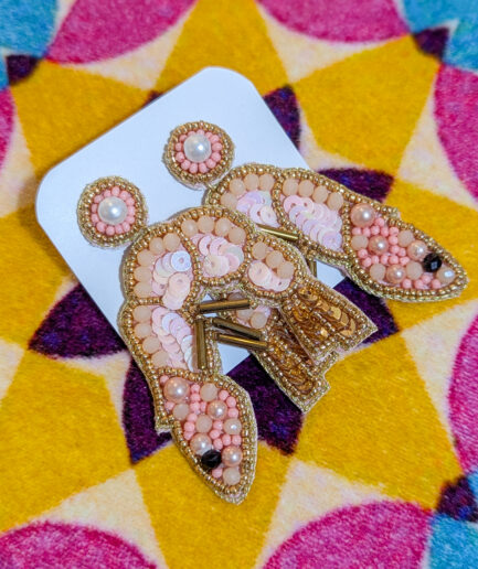 Bead embroidered pink sequin prawn earrings