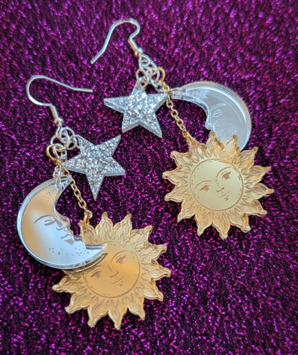 Celestial sun moon star triple drop earrings