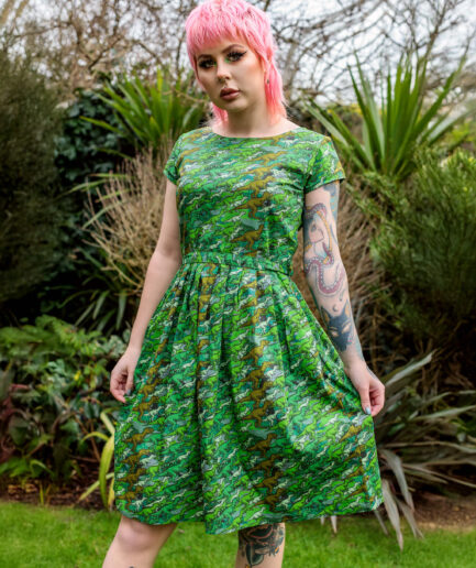 Camo Dino Run & Fly Stretch Belted Tea Dress with Pockets