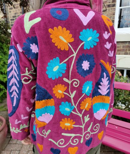 LOVE Indian embroidered velvet jacket in red wine cotton velvet with colourful handstitched suzani embroidered motifs